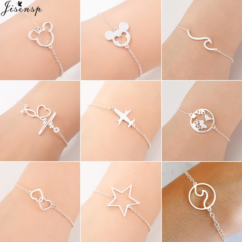 Jisensp Stainless Steel Mickey Bracelets for Women Everyday Jewelry World Map Charm Bracelet Heart Bracelet Femme Wedding Gift