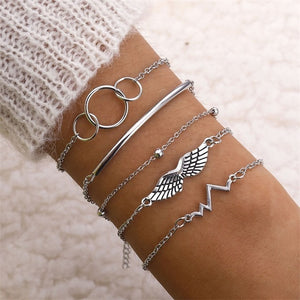 4 Pcs/set Women's Fashion Crystal Leaves Geometric Chain Gold Bracelet Set Bohemian KISS WIFE Vintage Jewelry Wholesale