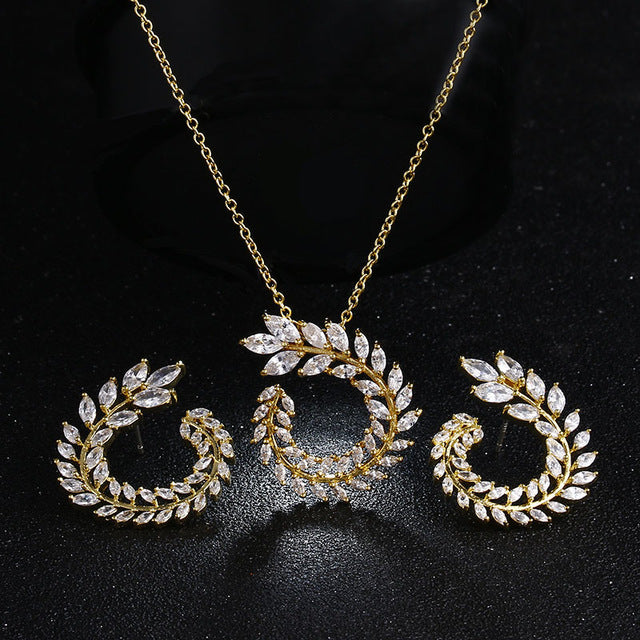 Two Size New Design Luxury AAA Zircon Olive Branch Earrings and Pendant Jewelry Sets For Fashion Women Wedding Jewelry Set AS128