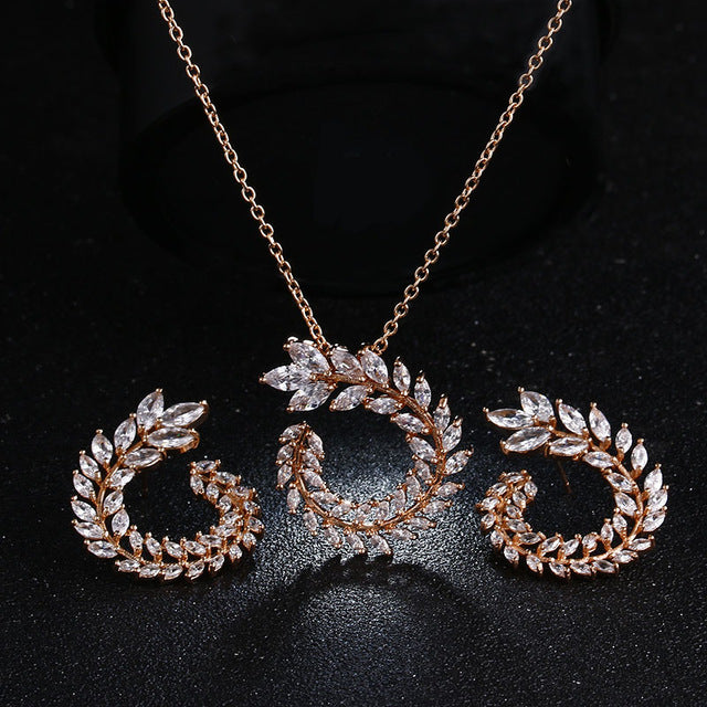 Two Size New Design Luxury AAA Zircon Olive Branch Earrings and Pendant Jewelry Sets For Fashion Women Wedding Jewelry Set AS128