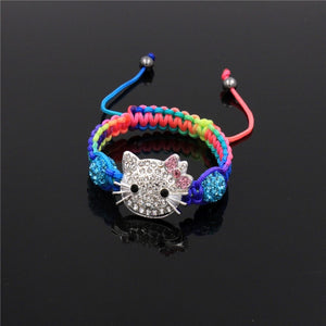 Kids Kitty Cat head Crystal Bracelets For Children Cute Shamballa Bracelet Bangles Strand Bracelets For Girls Jewelry Gift