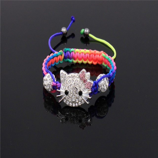 Kids Kitty Cat head Crystal Bracelets For Children Cute Shamballa Bracelet Bangles Strand Bracelets For Girls Jewelry Gift