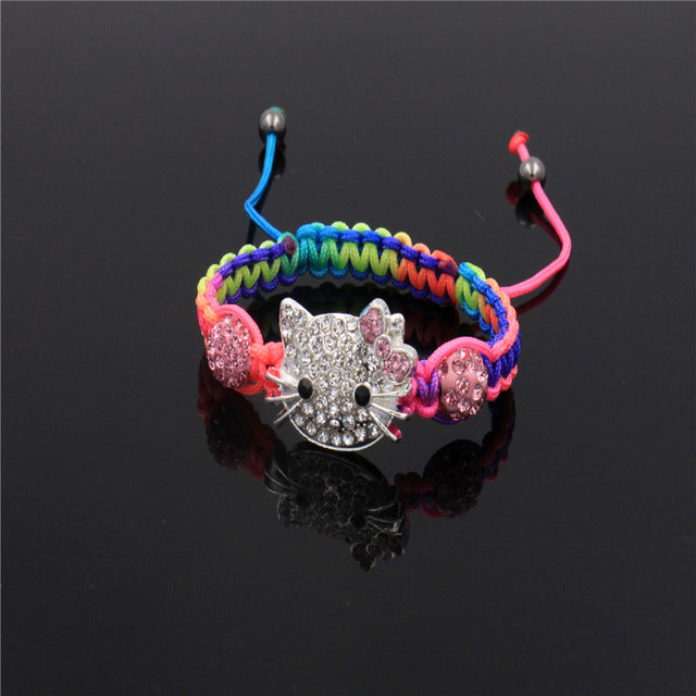 Kids Kitty Cat head Crystal Bracelets For Children Cute Shamballa Bracelet Bangles Strand Bracelets For Girls Jewelry Gift