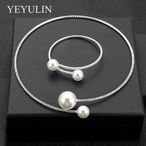 2PCS/Set European Simulated Pearl Chokers  Necklace Bangle Adjustable Jewelry Set For Women Bridal Wedding Party Accessories