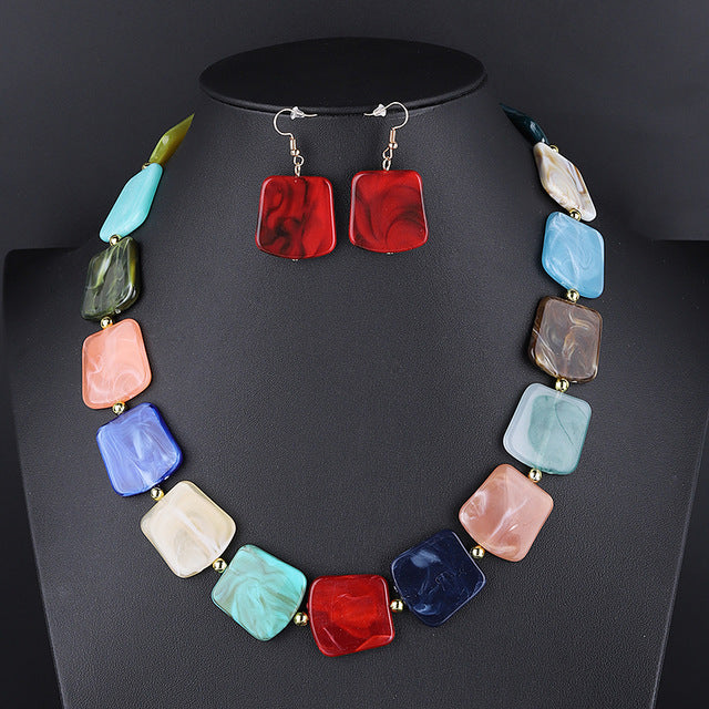 Square Resin Pendant Beads Jewelry Set For Women Chain Rope Statement Necklace Acrylic Geometric Earrings Jewelry Bijoux