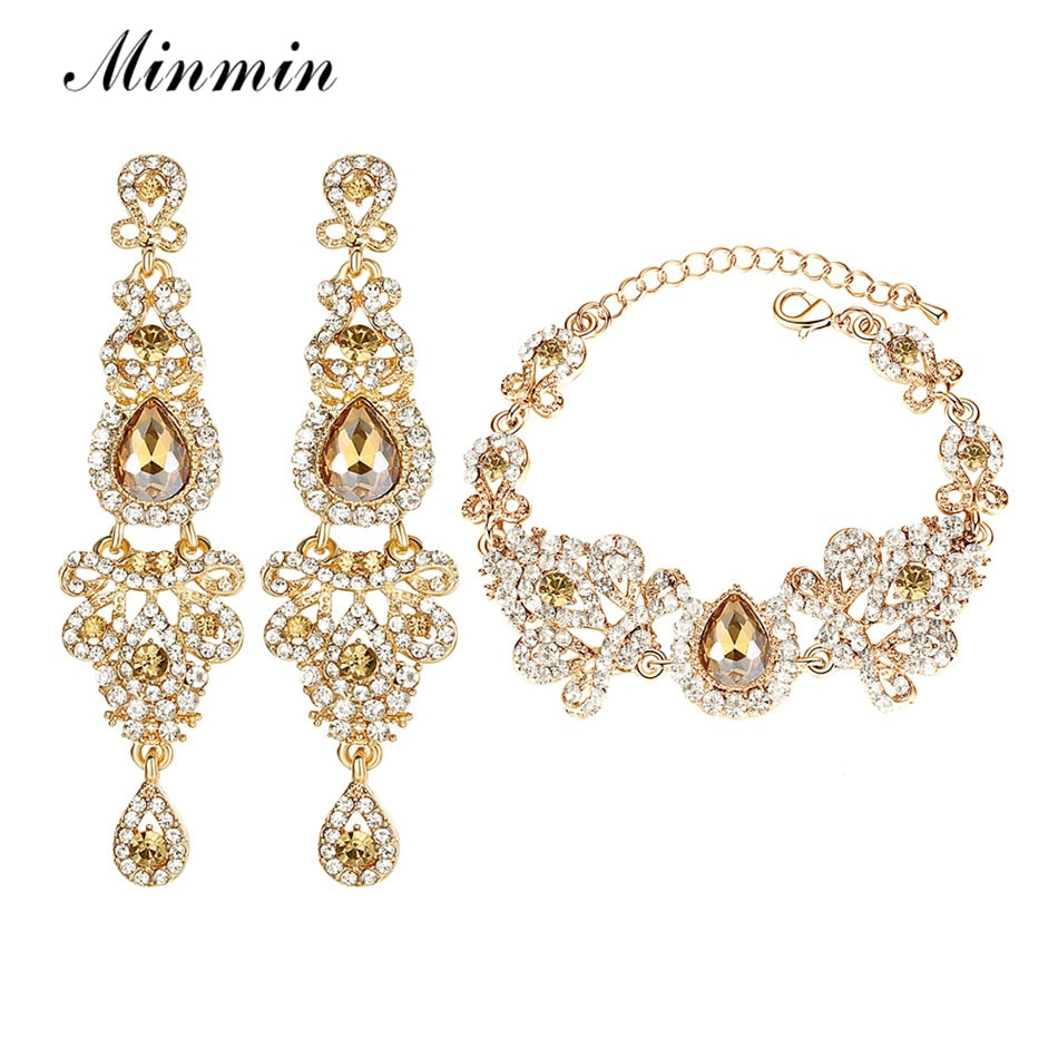 Minmin 2019 New Chandelier Shape Bridal Crystal Jewelry Sets for Women Earrings and Bracelet Sets Wedding Accessory EH162+SL037