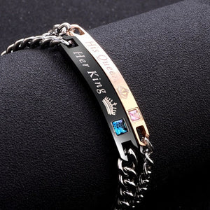 2Pc/Set Queen King Stainless steel Stone Women Man Chain Crystal Couple Bracelet for Men snap jewelry bracelet Pulseira hombres