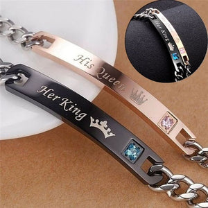 2Pc/Set Queen King Stainless steel Stone Women Man Chain Crystal Couple Bracelet for Men snap jewelry bracelet Pulseira hombres