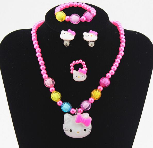 1set Baby Girls Imitation Pearls princess Beads Kitty Cat Cute Necklace Bracelets Kids Children Jewelry Party Xmas gift