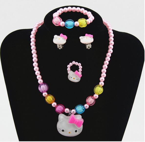 1set Baby Girls Imitation Pearls princess Beads Kitty Cat Cute Necklace Bracelets Kids Children Jewelry Party Xmas gift