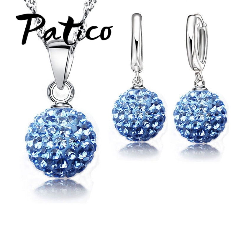 Hot New Jewelry Sets 925 Sterling Silver Austrian Crystal Pave Disco Ball Lever Back Earring Pendant Necklace Woman