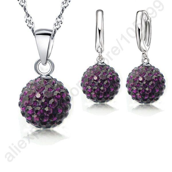 Hot New Jewelry Sets 925 Sterling Silver Austrian Crystal Pave Disco Ball Lever Back Earring Pendant Necklace Woman