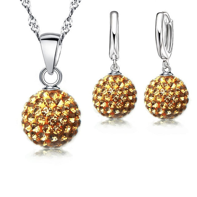 Hot New Jewelry Sets 925 Sterling Silver Austrian Crystal Pave Disco Ball Lever Back Earring Pendant Necklace Woman