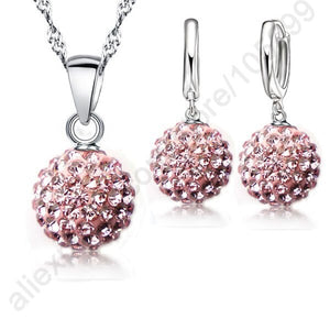 Hot New Jewelry Sets 925 Sterling Silver Austrian Crystal Pave Disco Ball Lever Back Earring Pendant Necklace Woman