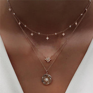 Boho Multi-element Crystal Necklaces For Women Fashion Gold Silver  Necklace Vintage Multiple Layers Pendant Necklace Jewelry