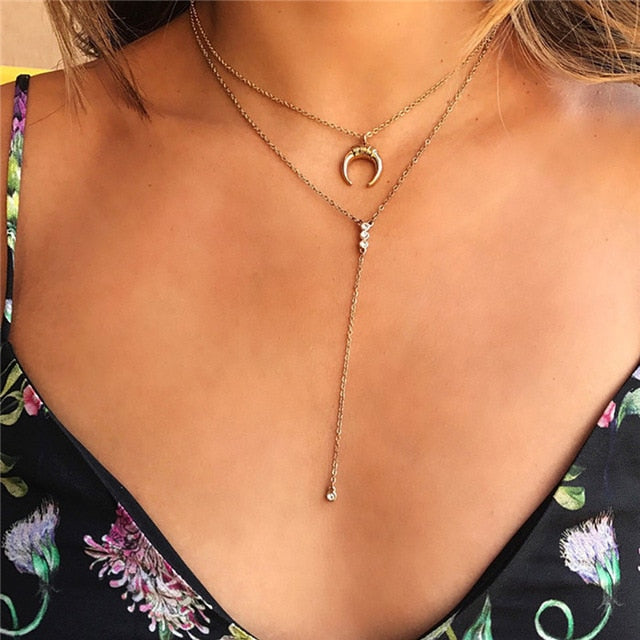 Boho Multi-element Crystal Necklaces For Women Fashion Gold Silver  Necklace Vintage Multiple Layers Pendant Necklace Jewelry