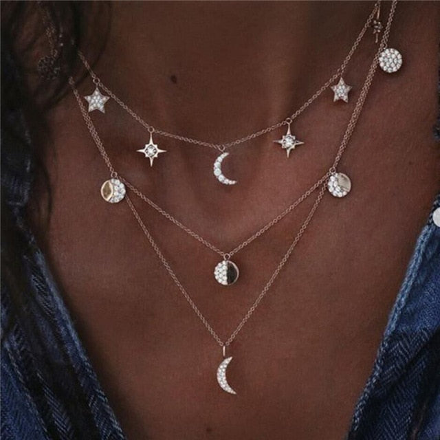 Boho Multi-element Crystal Necklaces For Women Fashion Gold Silver  Necklace Vintage Multiple Layers Pendant Necklace Jewelry