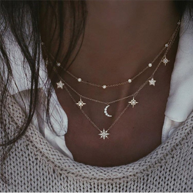 Boho Multi-element Crystal Necklaces For Women Fashion Gold Silver  Necklace Vintage Multiple Layers Pendant Necklace Jewelry