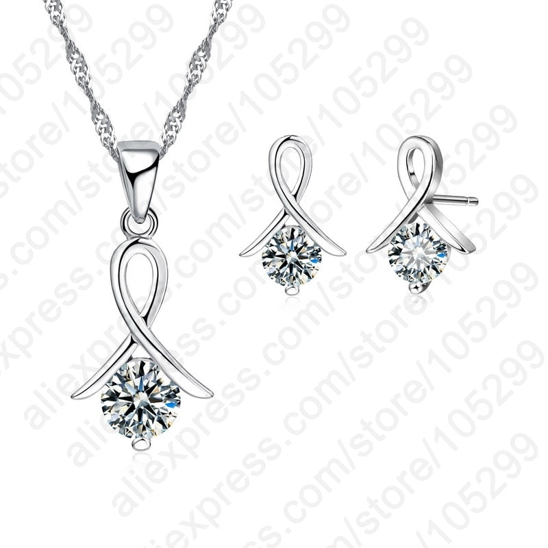 New Fashion Set For Women Cross CZ 925 Sterling Silver Pendant Necklace & Stud Earrings With Free shipping