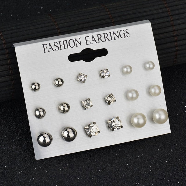 LETAPI Fashion 12 pair/set Women Statement Crystal Stud Earrings for Women Piercing Simulated Pearl Flower Earrings