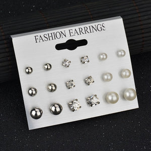 LETAPI Fashion 12 pair/set Women Statement Crystal Stud Earrings for Women Piercing Simulated Pearl Flower Earrings