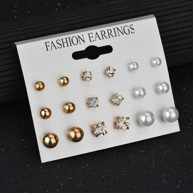 LETAPI Fashion 12 pair/set Women Statement Crystal Stud Earrings for Women Piercing Simulated Pearl Flower Earrings