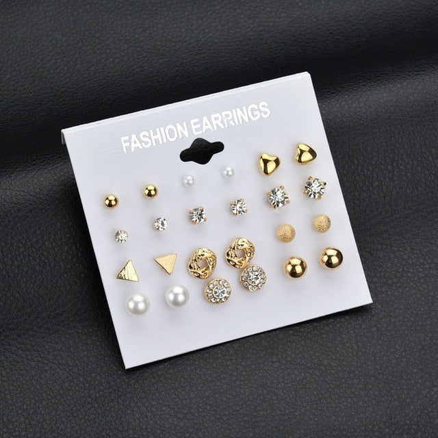 LETAPI Fashion 12 pair/set Women Statement Crystal Stud Earrings for Women Piercing Simulated Pearl Flower Earrings