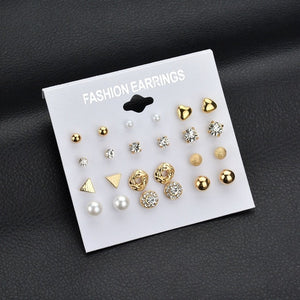 LETAPI Fashion 12 pair/set Women Statement Crystal Stud Earrings for Women Piercing Simulated Pearl Flower Earrings