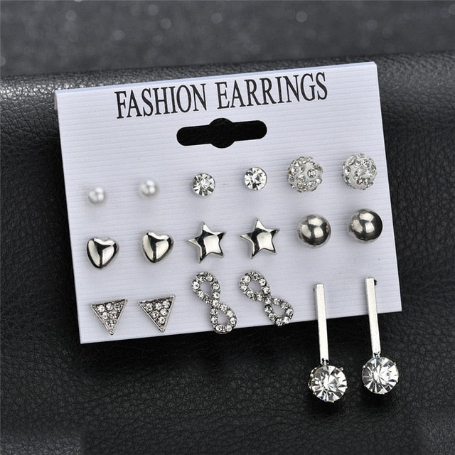 LETAPI Fashion 12 pair/set Women Statement Crystal Stud Earrings for Women Piercing Simulated Pearl Flower Earrings