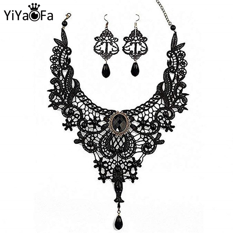 YiYaoFa Handmade Exaggerated Jewelry Set Gothic Jewelry Black Lace Necklace & Earring Women Accessories Party Jewelry FYS-02