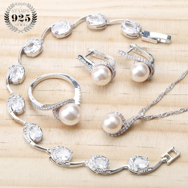 Pearl 925 Sterling Silver Bridal Jewelry Sets Earrings For Women Wedding Pearls Jewelry Bracelet Ring Pendant Necklace Set