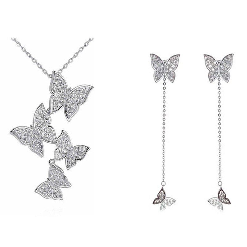 XIYANIKE 925 Sterling Silver New Korean Style Vintage Butterfly Jewelry Sets Long Tassel Earrings Navicle Chain For Women NE+EA