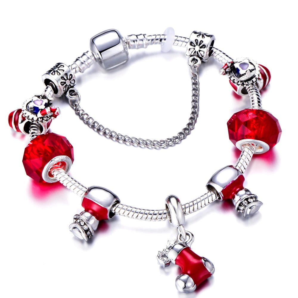 Santa Claus Charm Bracelet For Women Murano Glass Red Crystal Beads Christmas Shoes Brand Bracelet Christmas Jewelry Gift