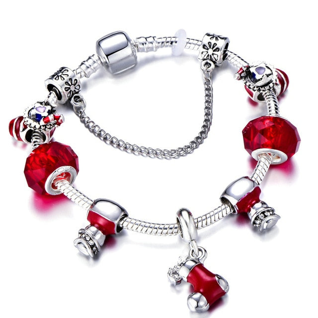 Santa Claus Charm Bracelet For Women Murano Glass Red Crystal Beads Christmas Shoes Brand Bracelet Christmas Jewelry Gift