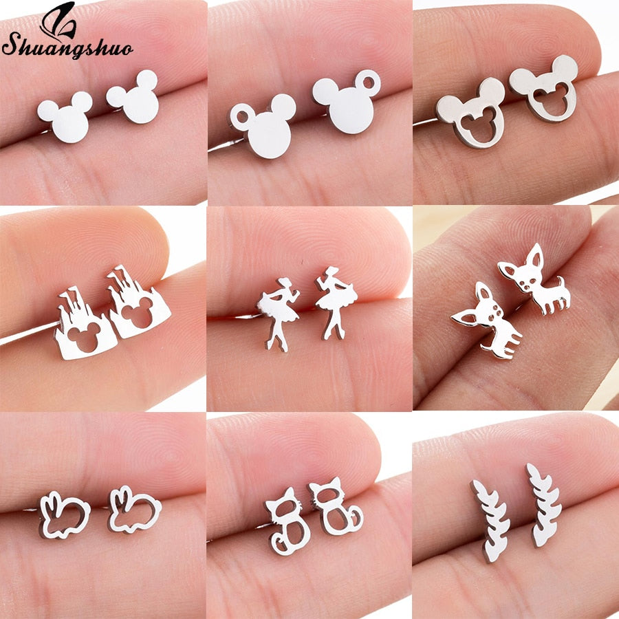 Shuangshuo Stainless Steel Mickey Earrings Mouse Stud Earrings Women Girls Kids Earing Mini Cartoon Animal Ear Studs pendientes