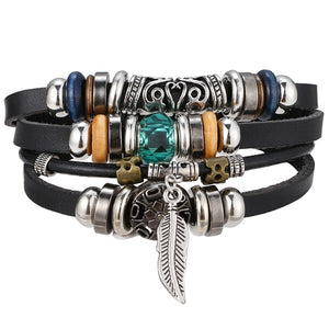 IFMIA Vintage Leather Bracelet Fashion Hand-knitted Multi-layer Leather Feather Leaf Bracelet and Fashion Men's Bracelet Gift