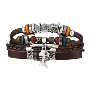 IFMIA Vintage Leather Bracelet Fashion Hand-knitted Multi-layer Leather Feather Leaf Bracelet and Fashion Men's Bracelet Gift