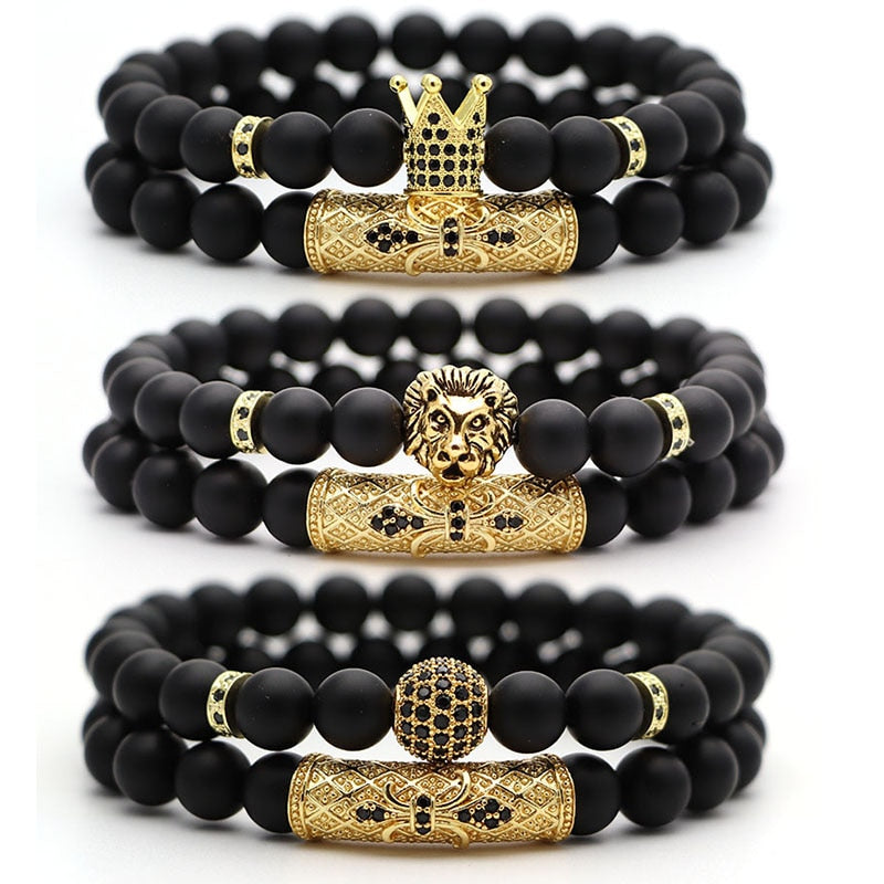 2Pcs/Set Natural Stone 4 Style Bead Man Bracelets Popular Pave CZ Small Crown and Ball Bracelet Classic Matte Black  Jewelry