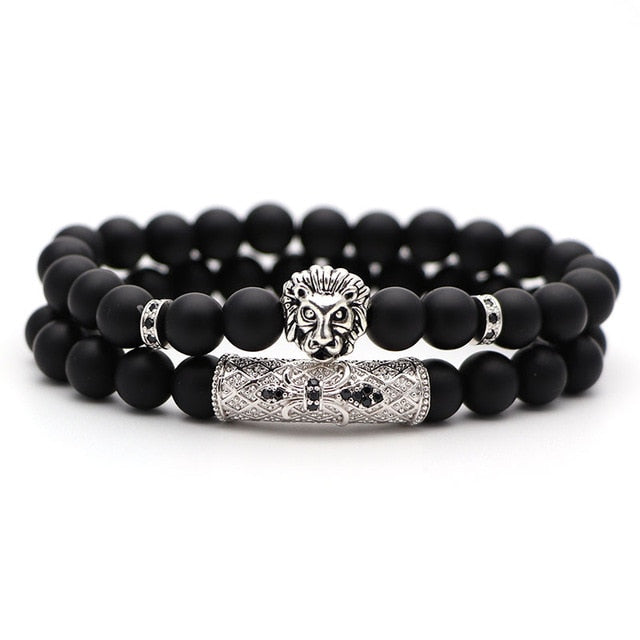 2Pcs/Set Natural Stone 4 Style Bead Man Bracelets Popular Pave CZ Small Crown and Ball Bracelet Classic Matte Black  Jewelry