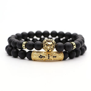 2Pcs/Set Natural Stone 4 Style Bead Man Bracelets Popular Pave CZ Small Crown and Ball Bracelet Classic Matte Black  Jewelry