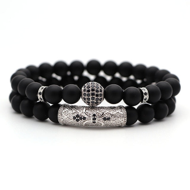 2Pcs/Set Natural Stone 4 Style Bead Man Bracelets Popular Pave CZ Small Crown and Ball Bracelet Classic Matte Black  Jewelry