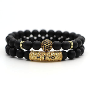 2Pcs/Set Natural Stone 4 Style Bead Man Bracelets Popular Pave CZ Small Crown and Ball Bracelet Classic Matte Black  Jewelry