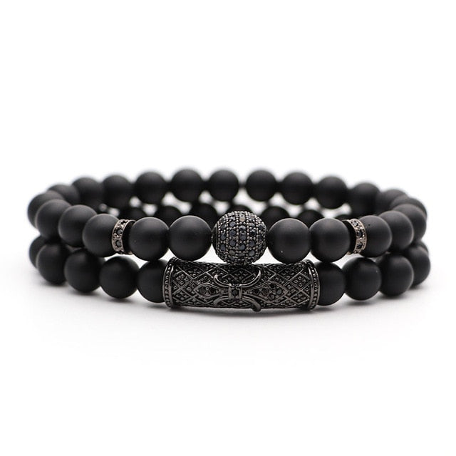 2Pcs/Set Natural Stone 4 Style Bead Man Bracelets Popular Pave CZ Small Crown and Ball Bracelet Classic Matte Black  Jewelry