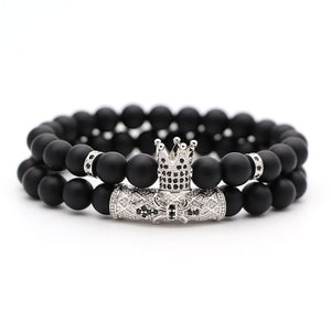 2Pcs/Set Natural Stone 4 Style Bead Man Bracelets Popular Pave CZ Small Crown and Ball Bracelet Classic Matte Black  Jewelry