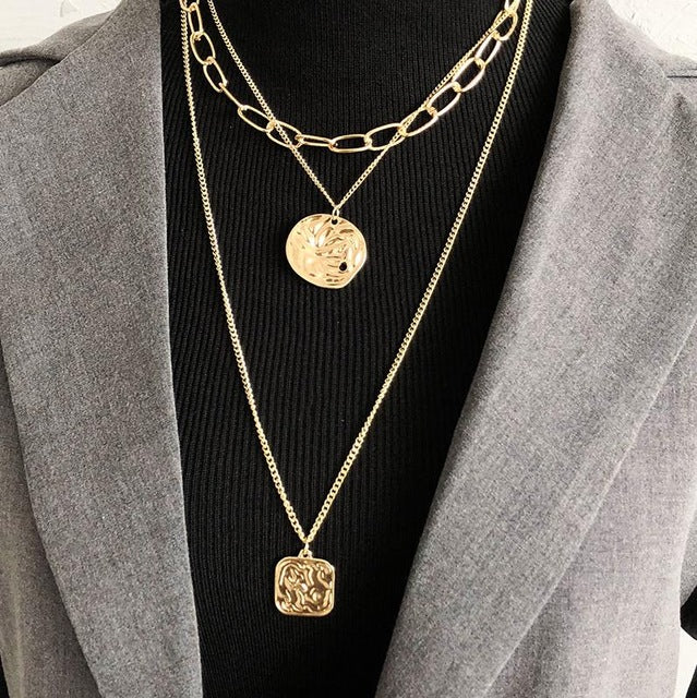 HUANZHI 2019 New Personality Cross Square Metal Multilayer Hip hop Long Chain Cool Simple Necklace For Women men Jewelry Gifts