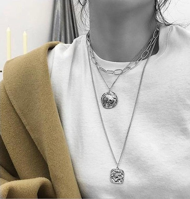 HUANZHI 2019 New Personality Cross Square Metal Multilayer Hip hop Long Chain Cool Simple Necklace For Women men Jewelry Gifts