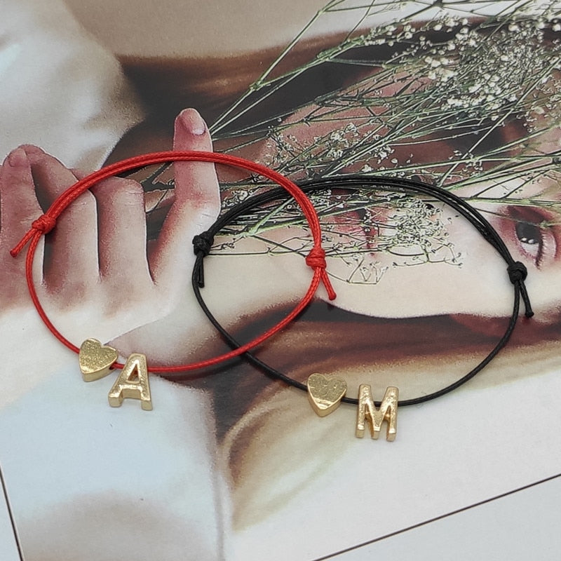 2019 New Gold Color Tiny Heart Initials Name Charm Letter Bracelet For Women Men Lucky String Rope Red Bracelets Couple Gifts