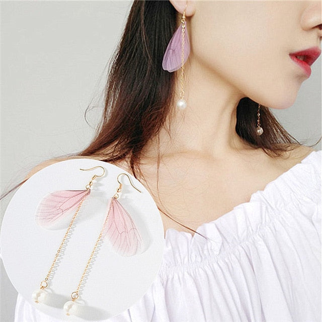 Korean Retro Asymmetric Butterfly Imitation Pearl Earrings Fashion Round Flower Brincos Long Statement Wings Earrings Jewelry