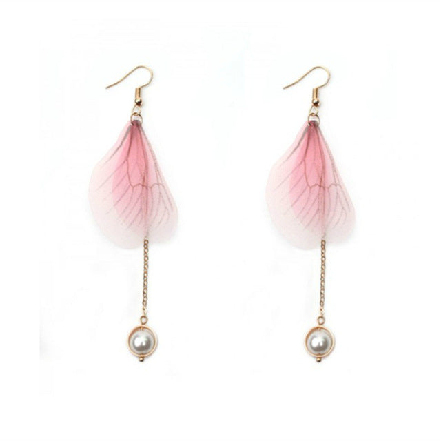 Korean Retro Asymmetric Butterfly Imitation Pearl Earrings Fashion Round Flower Brincos Long Statement Wings Earrings Jewelry