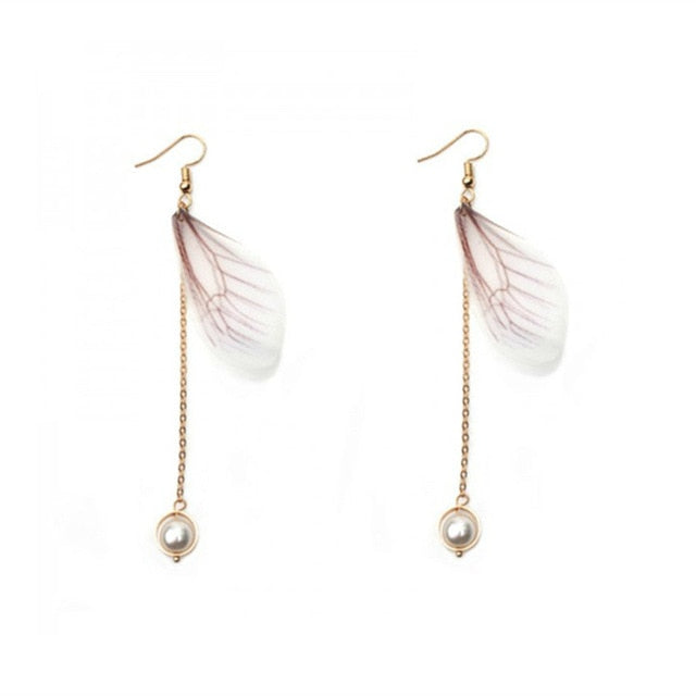 Korean Retro Asymmetric Butterfly Imitation Pearl Earrings Fashion Round Flower Brincos Long Statement Wings Earrings Jewelry